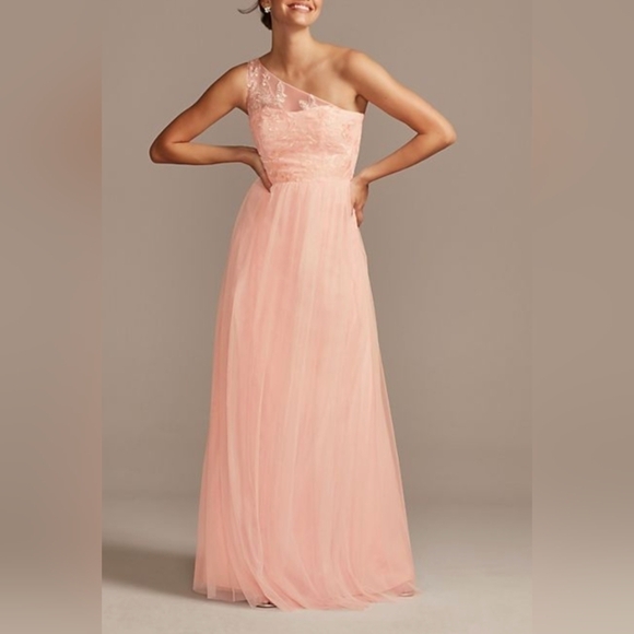 David’s Bridal Floral Laced One-Shoulder  Maxi‎ Dress Petal Pink Size 8 NWT - Picture 1 of 11